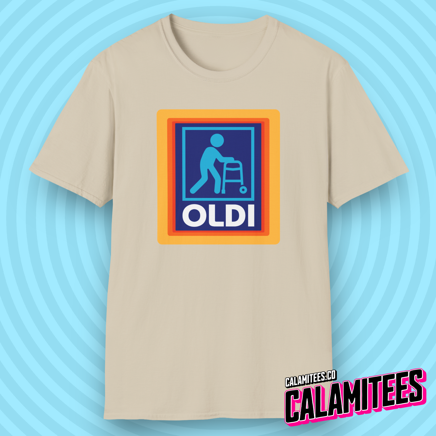 Oldi - Old Person With a Walker Parody Logo T-Shirt