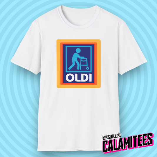Oldi - Old Person With a Walker Parody Logo T-Shirt