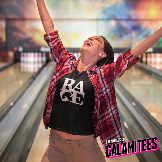 Attractive Woman Celebrating a Strike in Bowling While Wearing RAGE Artwork - LOVE Sculpture Artwork Parody Logo Graphic Tee Pop-Culture Funny T-Shirt