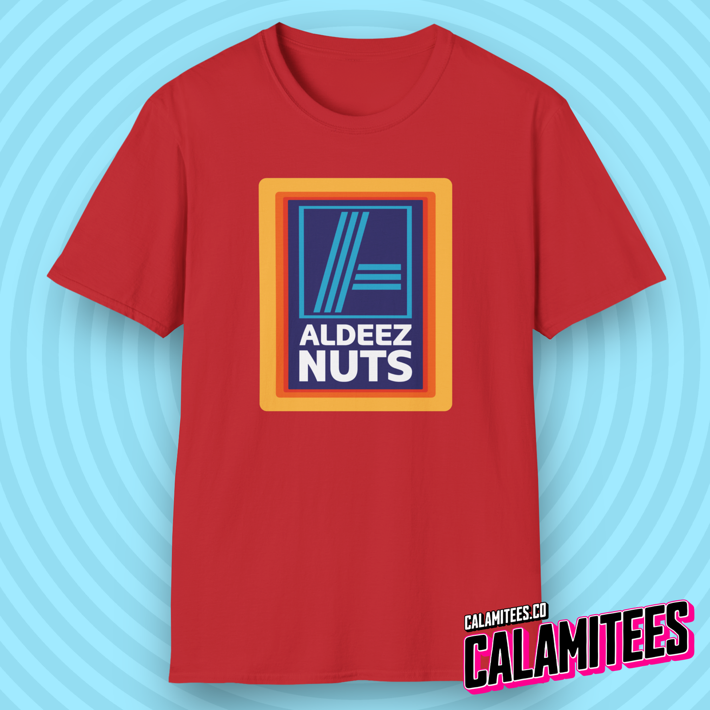 Aldeez Nuts Parody Aldi Logo Graphic Tee Funny T-Shirt at CALAMITEES.co