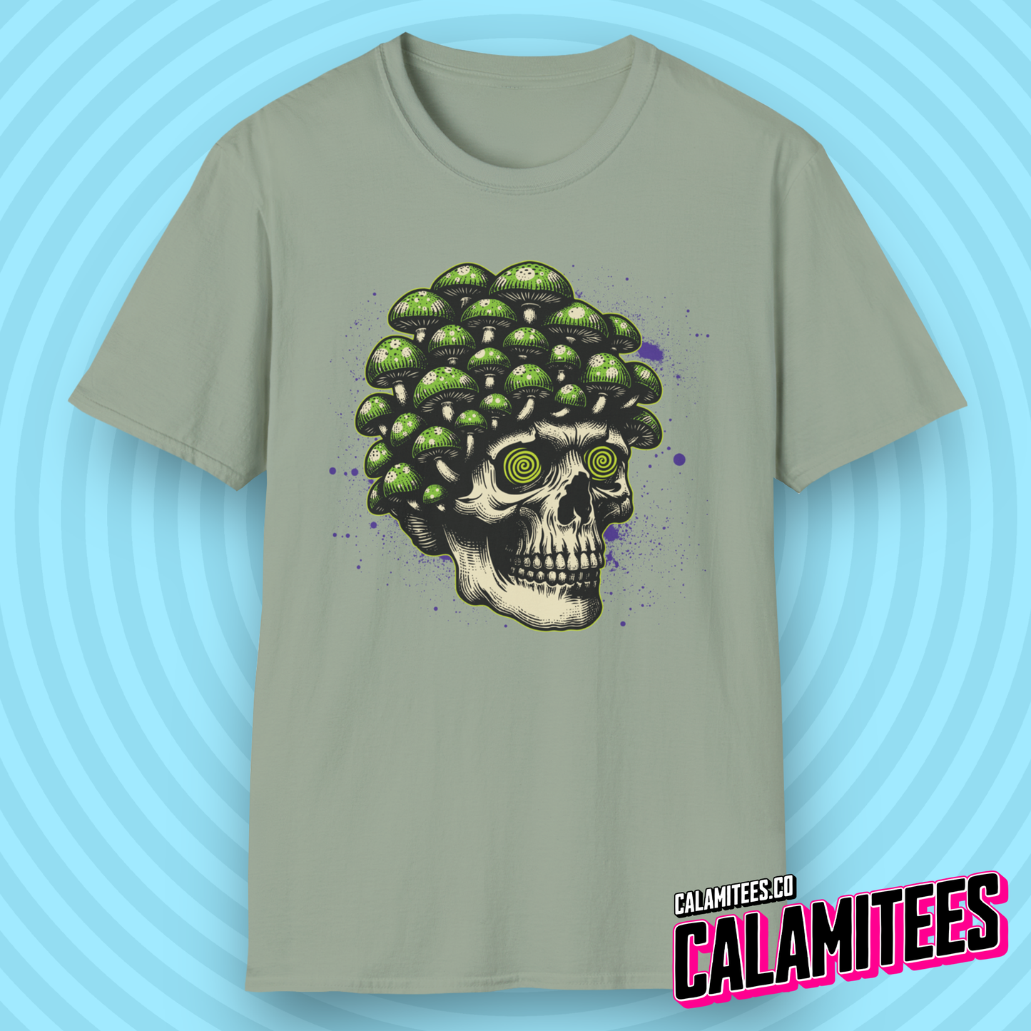 Trippy Magic Mushroom Skull with Hypnotized Eyes Tripping Psychedelic Graphic Tee Heady Design LSD Psilocybin Pop Culture T-Shirt