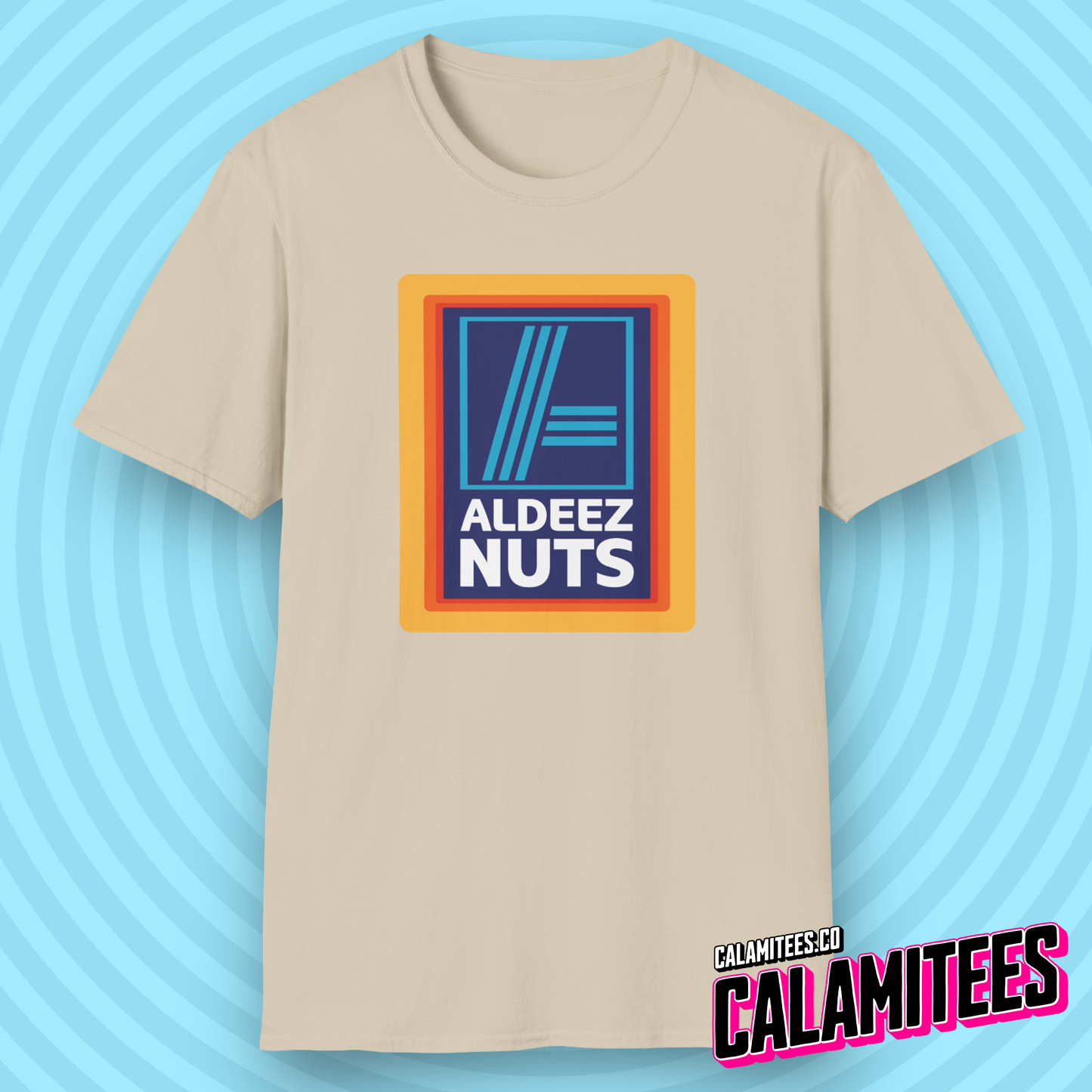 Aldeez Nuts Parody Aldi Logo Graphic Tee Funny T-Shirt at CALAMITEES.co