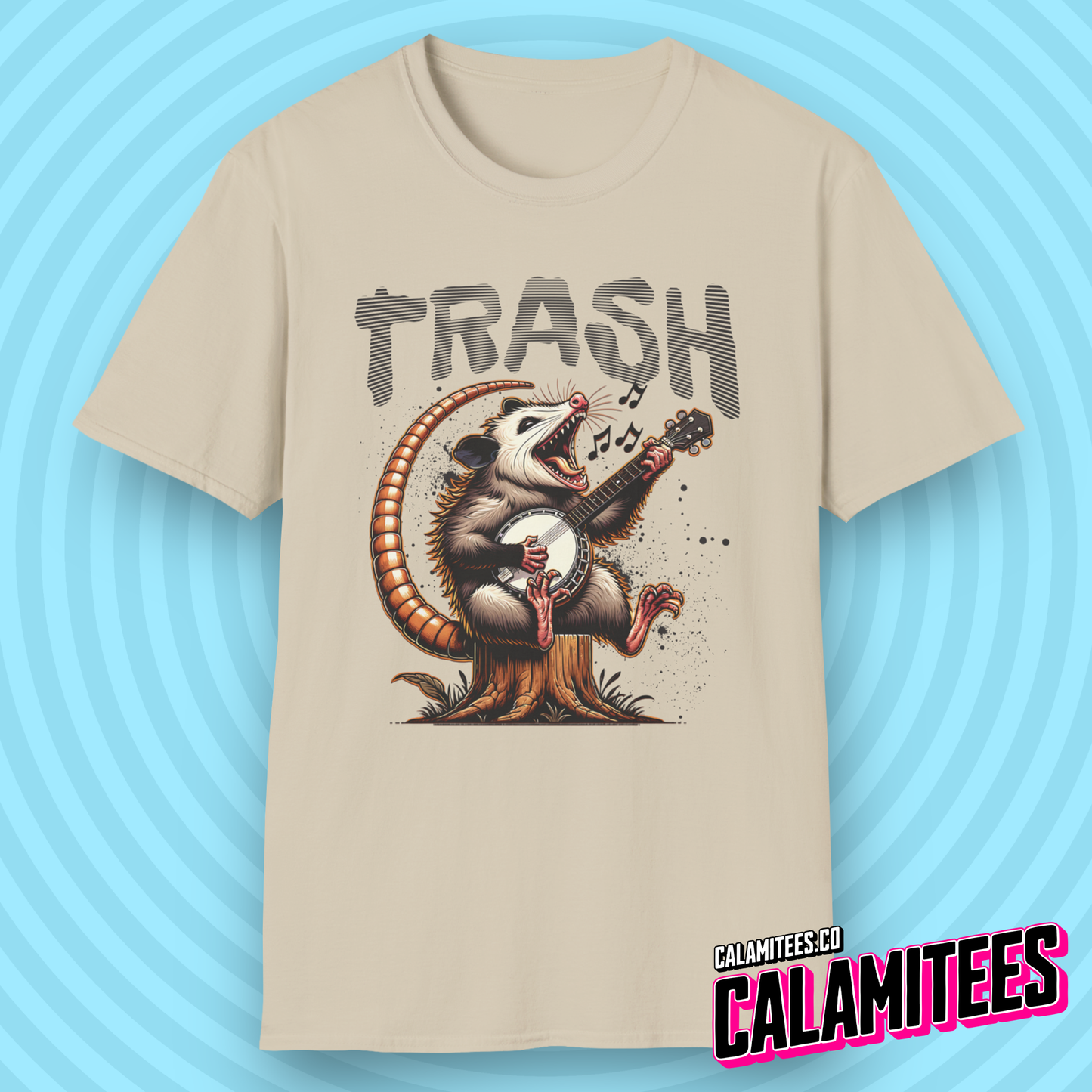 Opossum Playing Banjo Guitar Junkyard Jamboree Trash Possum Illustration Graphic Tee Funny T-Shirt