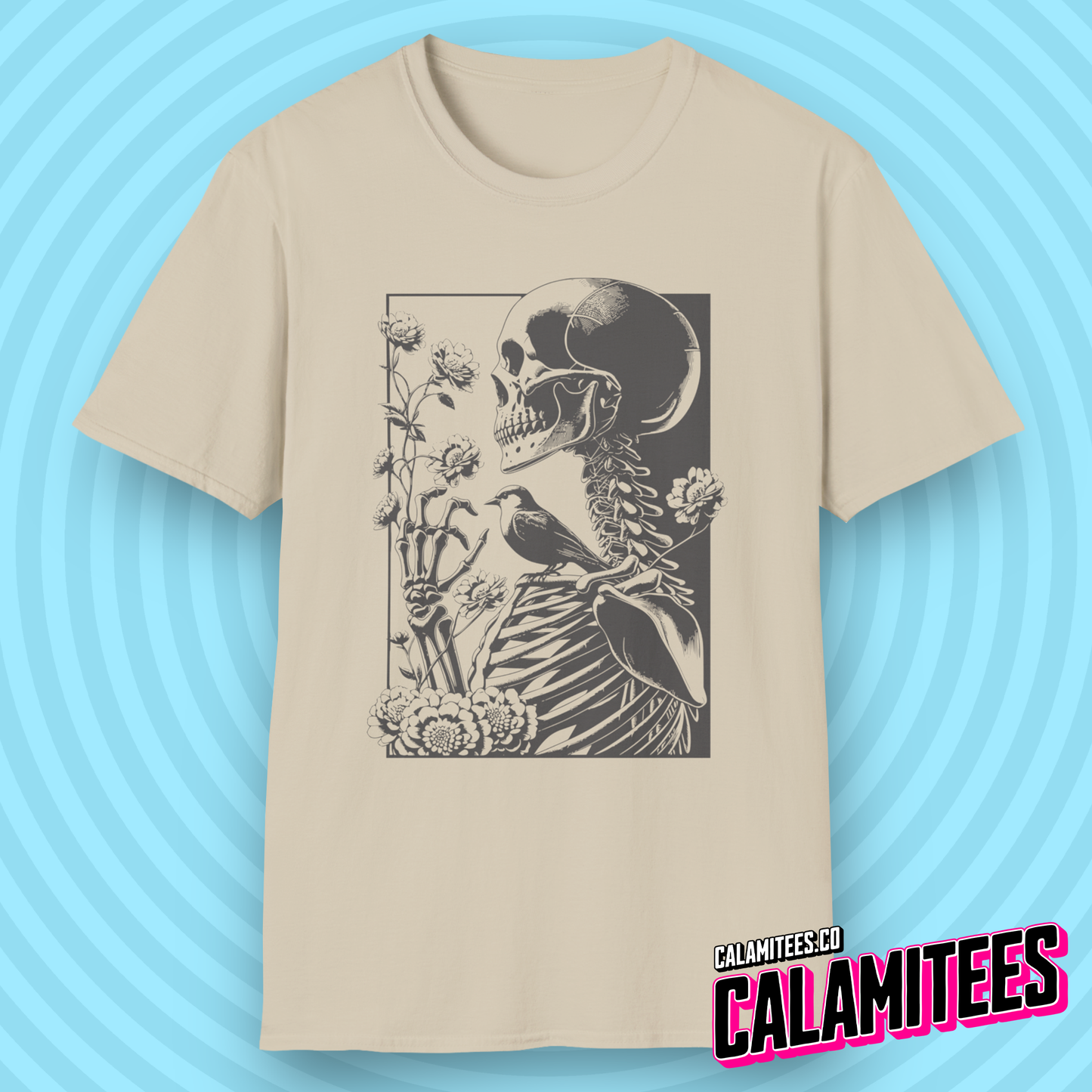 The Gardener - Skeleton With Wildflowers Floral Bird and Skull Illustration Graphic Tee T-Shirt