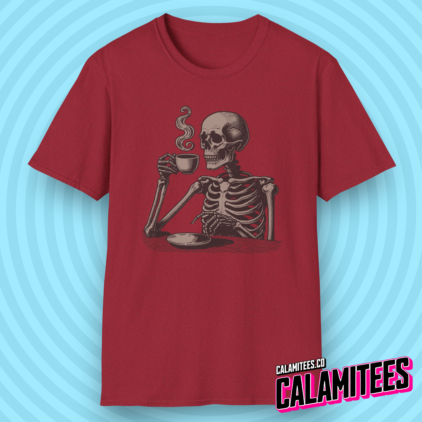Skeleton Drinking Coffee Vintage Style Graphic T-Shirt