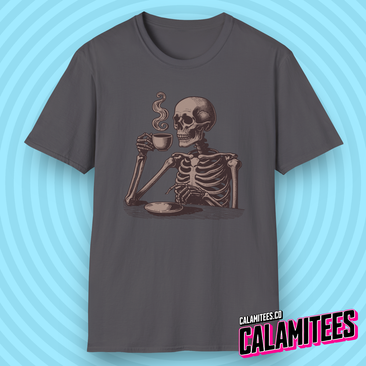 Skeleton Drinking Coffee Vintage Style Graphic T-Shirt