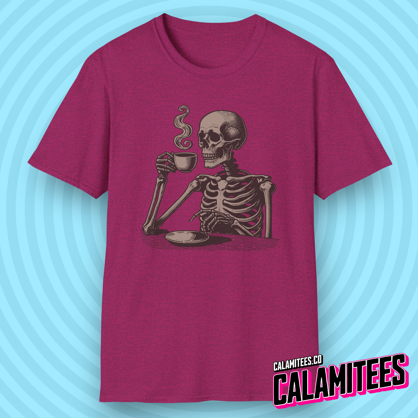 Skeleton Drinking Coffee Vintage Style Graphic T-Shirt