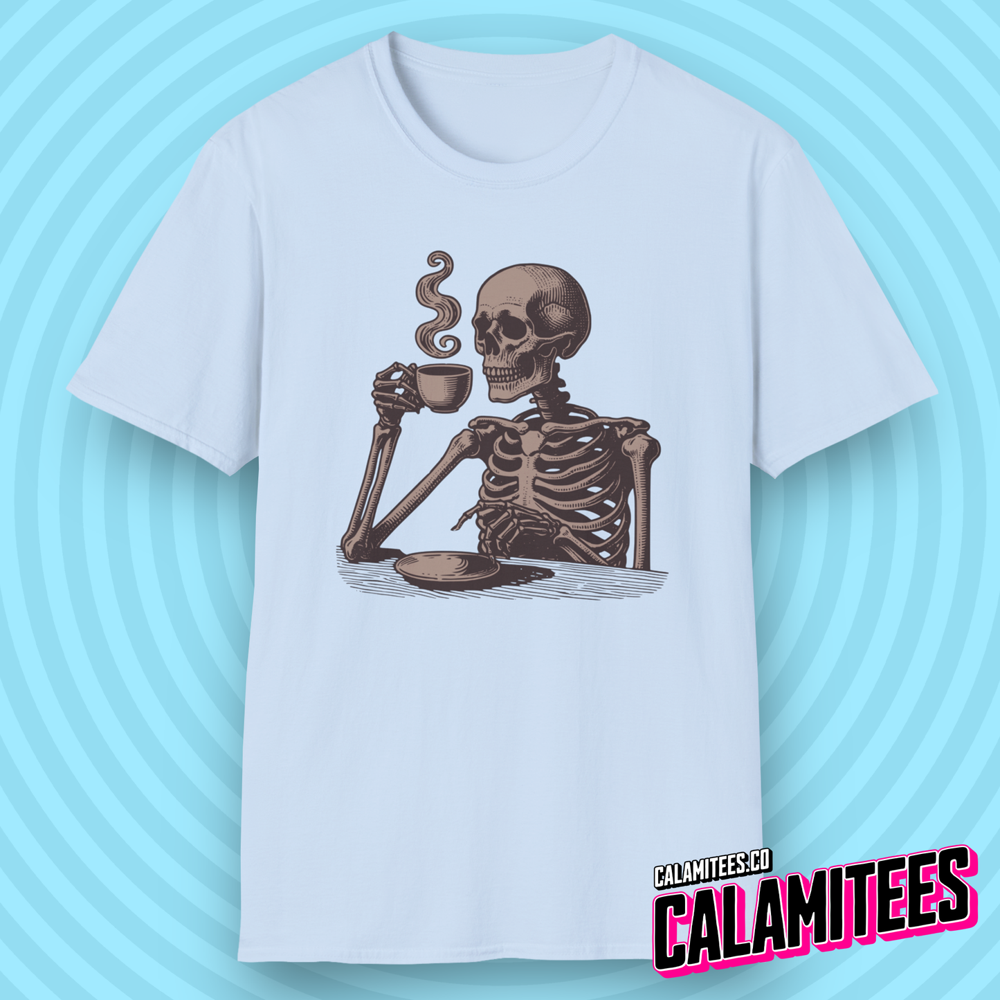 Skeleton Drinking Coffee Vintage Style Graphic T-Shirt