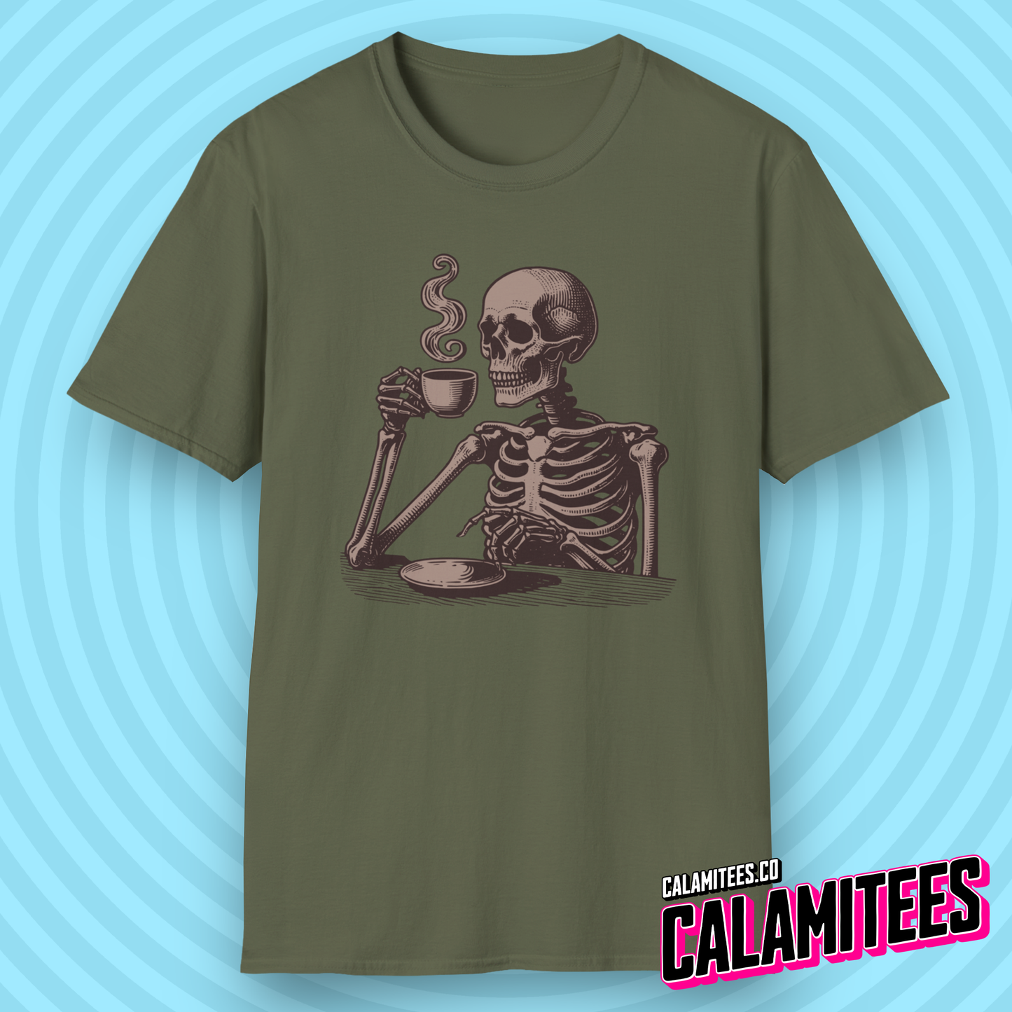 Skeleton Drinking Coffee Vintage Style Graphic T-Shirt