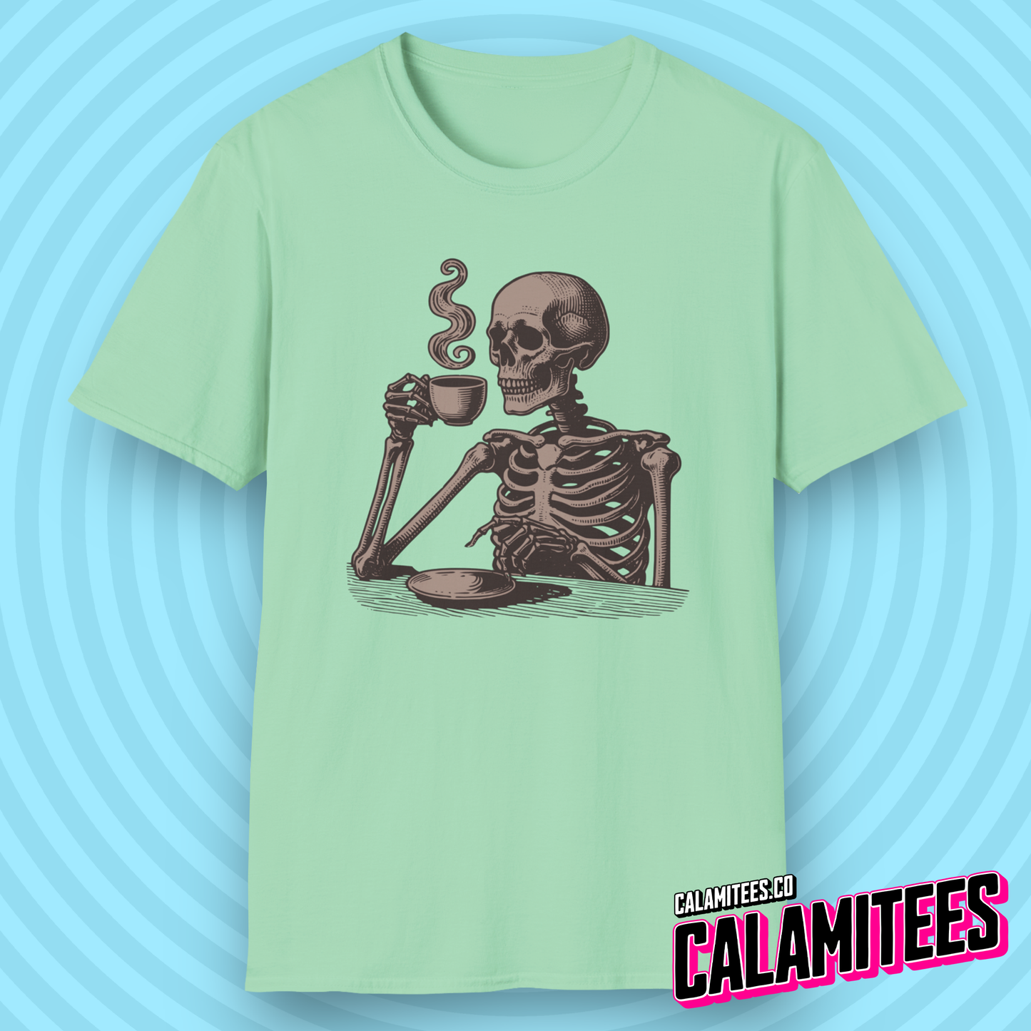 Skeleton Drinking Coffee Vintage Style Graphic T-Shirt