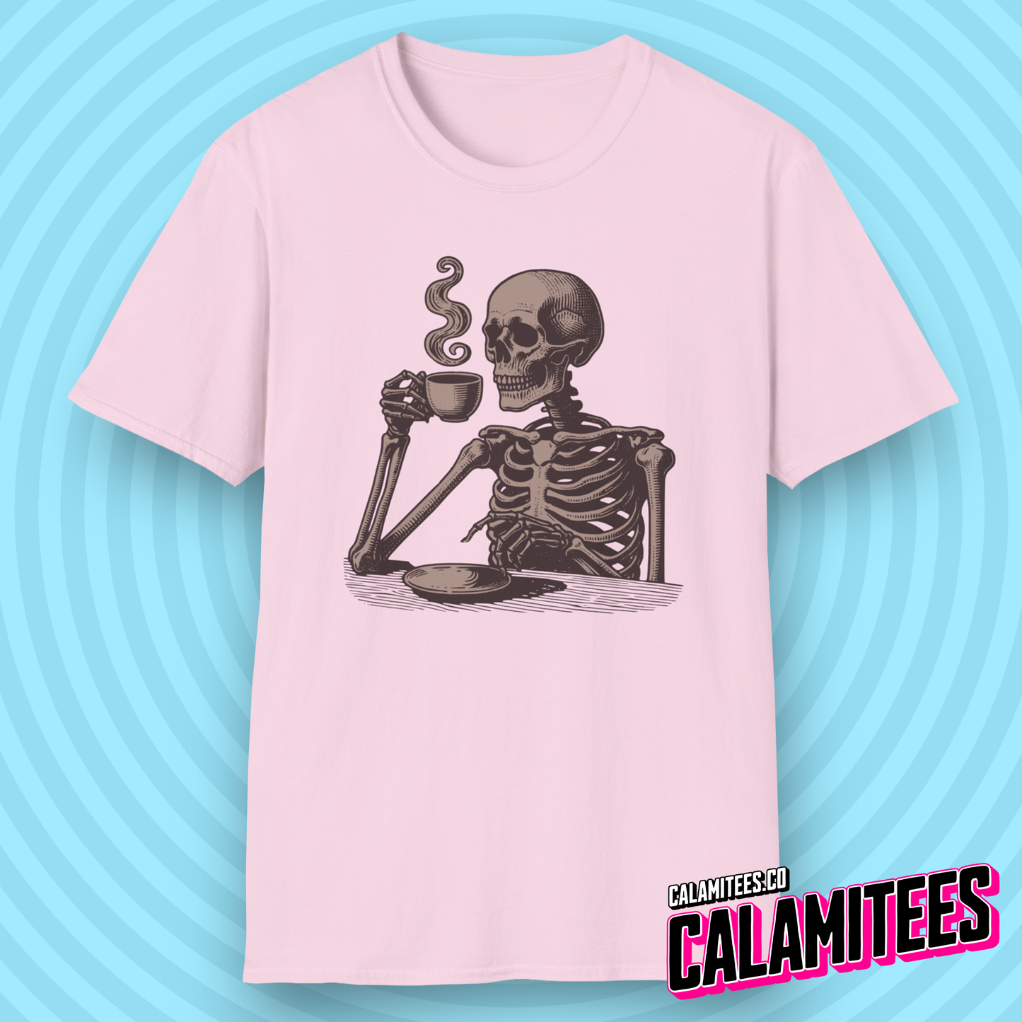 Skeleton Drinking Coffee Vintage Style Graphic T-Shirt