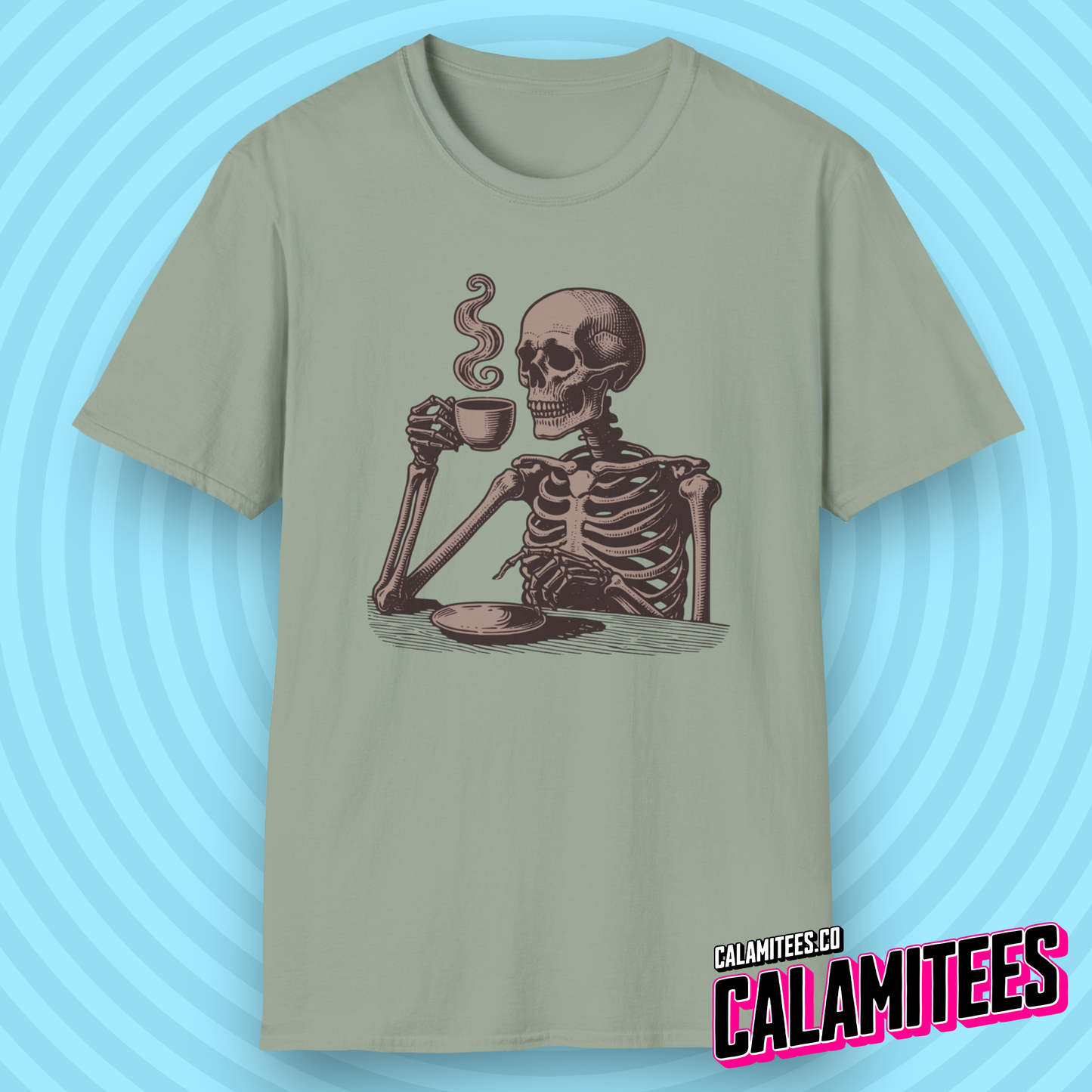 Skeleton Drinking Coffee Vintage Style Graphic T-Shirt