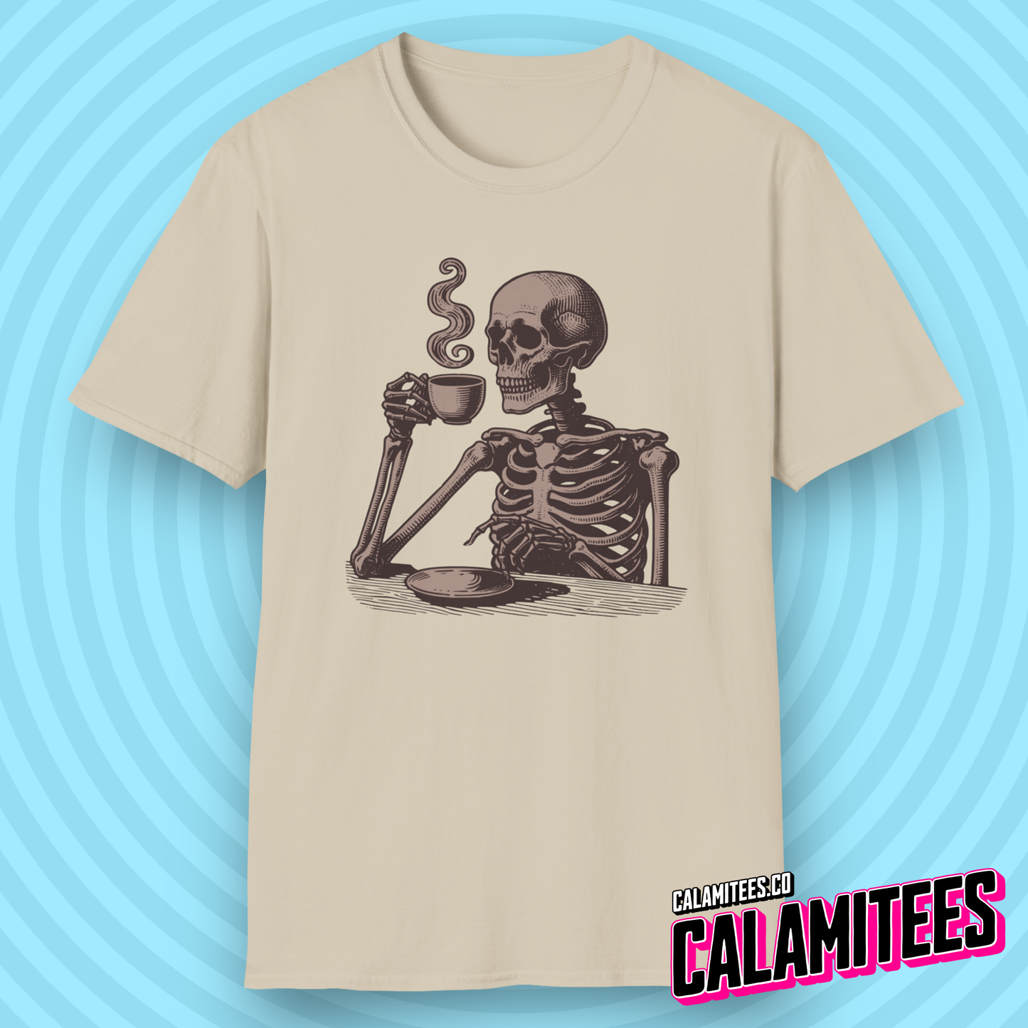 Skeleton Drinking Coffee Vintage Style Graphic T-Shirt