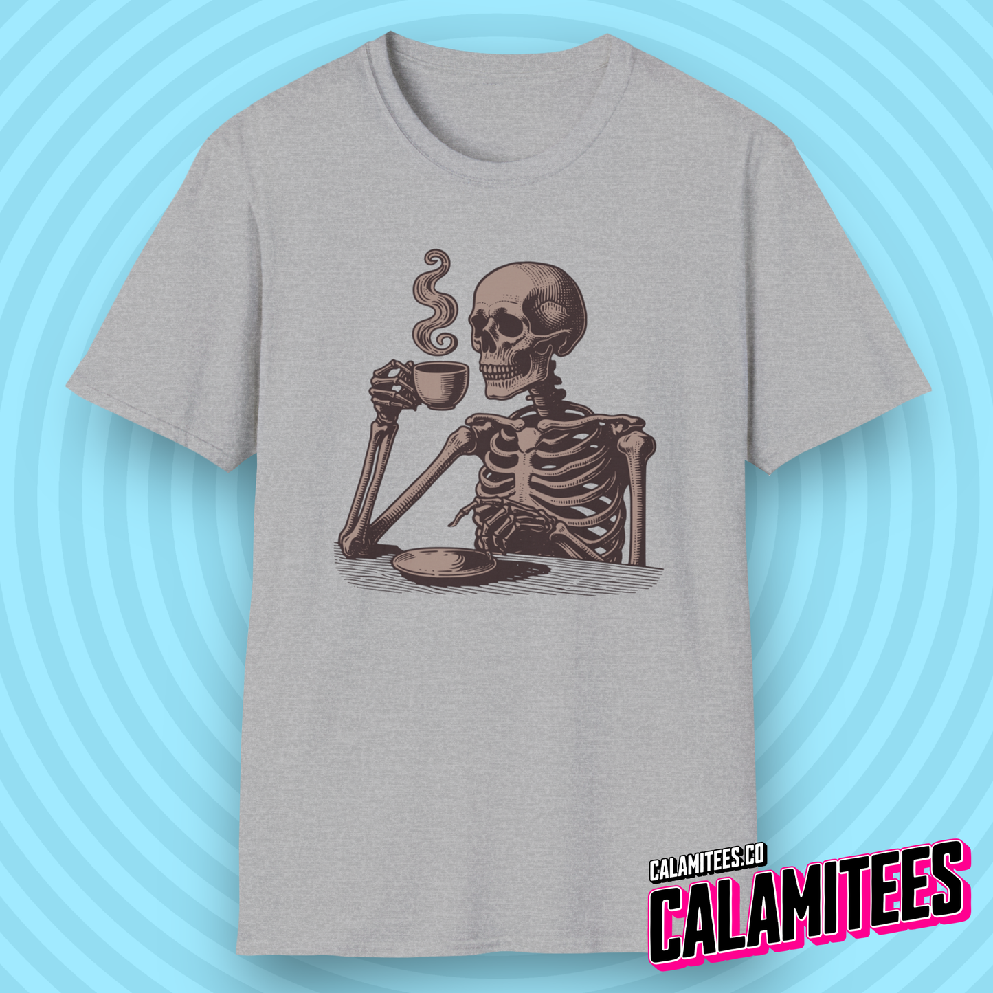 Skeleton Drinking Coffee Vintage Style Graphic T-Shirt