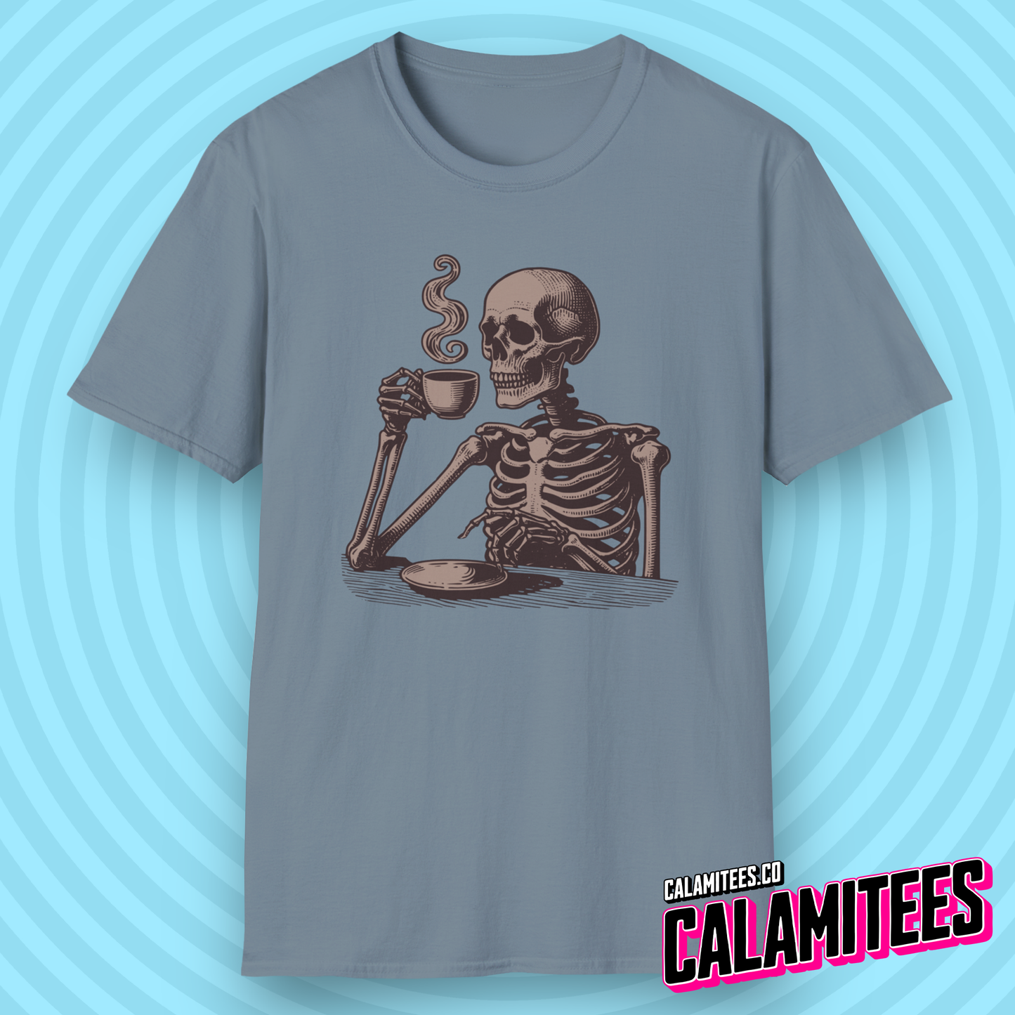 Skeleton Drinking Coffee Vintage Style Graphic T-Shirt