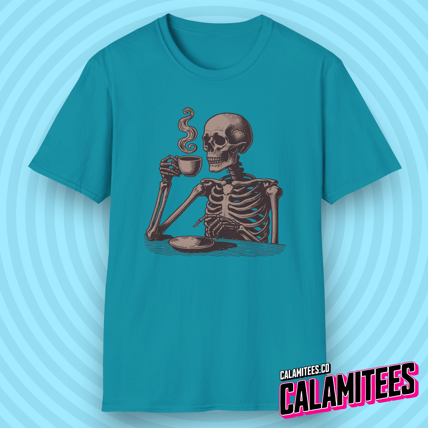 Skeleton Drinking Coffee Vintage Style Graphic T-Shirt