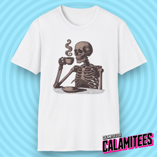 Skeleton Drinking Coffee Vintage Style Graphic T-Shirt