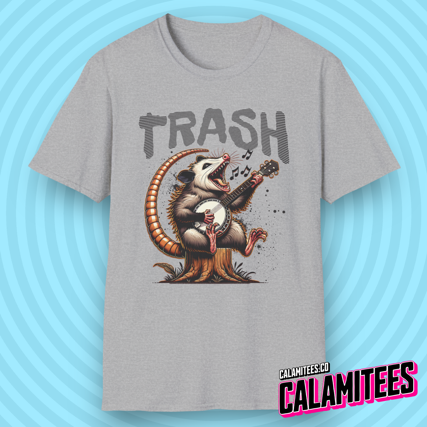 Opossum Playing Banjo Guitar Junkyard Jamboree Trash Possum Illustration Graphic Tee Funny T-Shirt