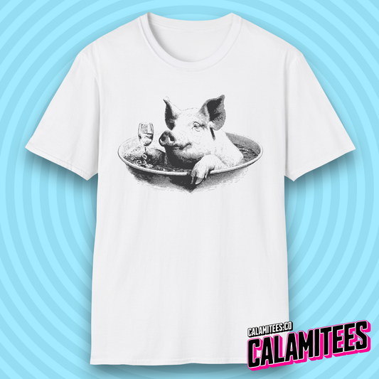 Swine & Wine Pig With a Wineglass Vintage Style Artwork T-Shirt