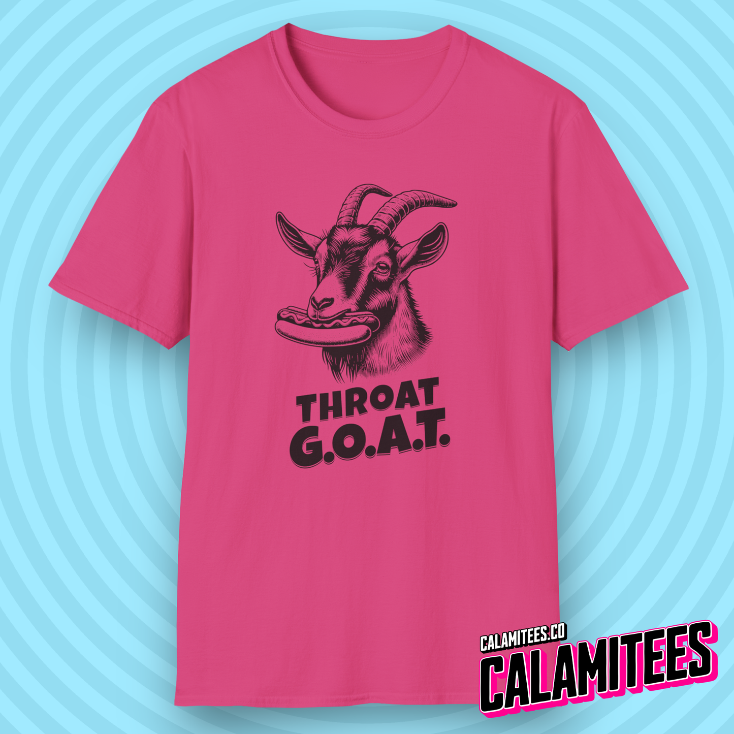 Throat GOAT (G.O.A.T. Greatest of all Time) Goat with a Hotdog in Its Mouth Funny Blowjob BJ Joke Sarcastic Adult Humor T-Shirt Tshirt Shirt CALAMITEES.co Graphic Tee