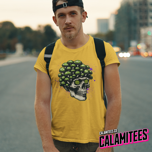 Trippy Skull Magic Mushroom Illustration Graphic Tee Tripping Psychedelic Art T-Shirt