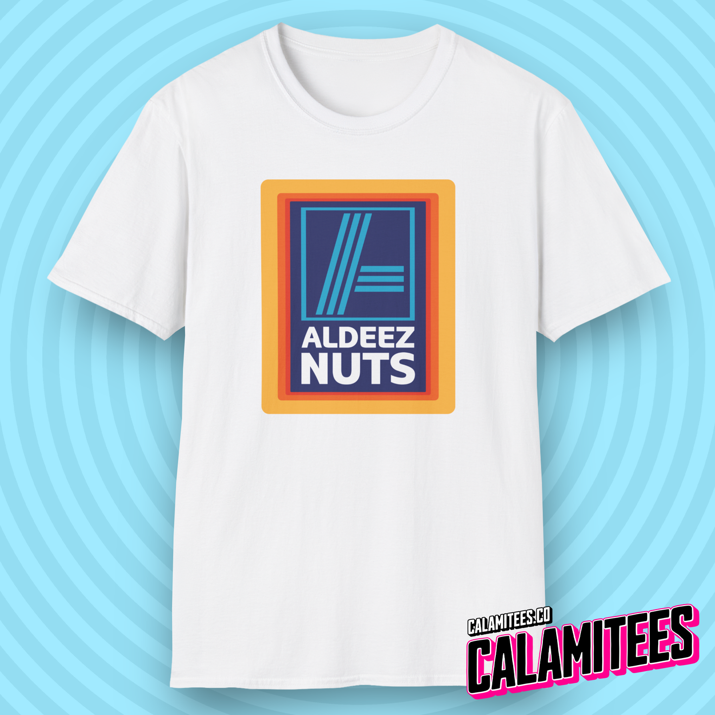 Aldeez Nuts Parody Aldi Logo Graphic Tee Funny T-Shirt at CALAMITEES.co