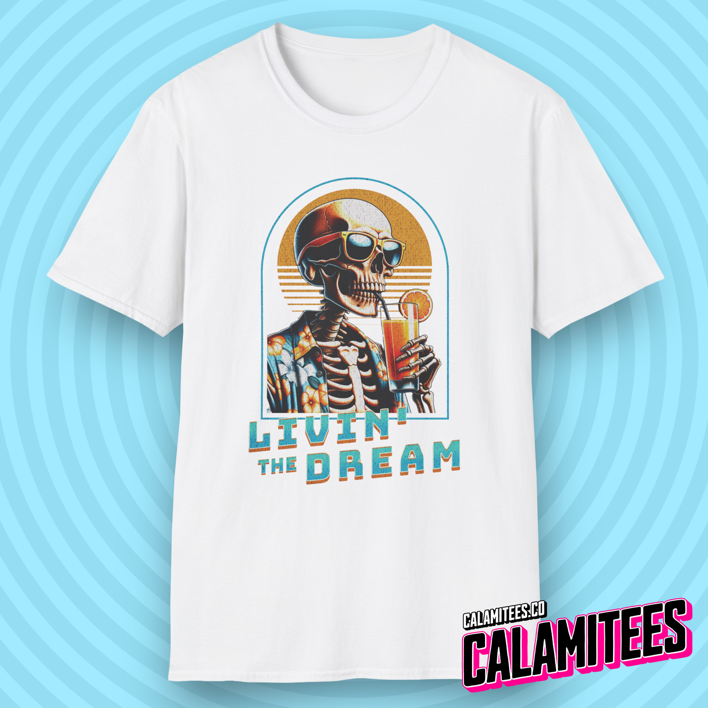 Livin' The Dream Tropical Skeleton in Hawaiian Shirt Illustration Graphic Tee Pop Culture Stylish Funny T-Shirt