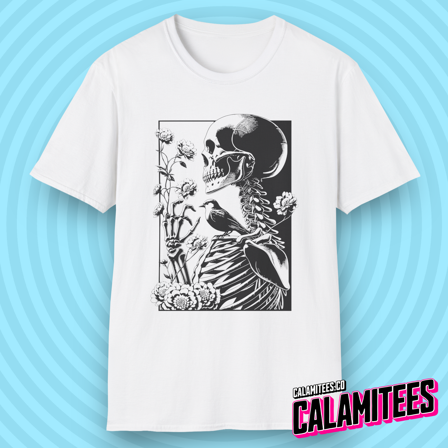The Gardener - Skeleton With Wildflowers Floral Bird and Skull Illustration Graphic Tee T-Shirt