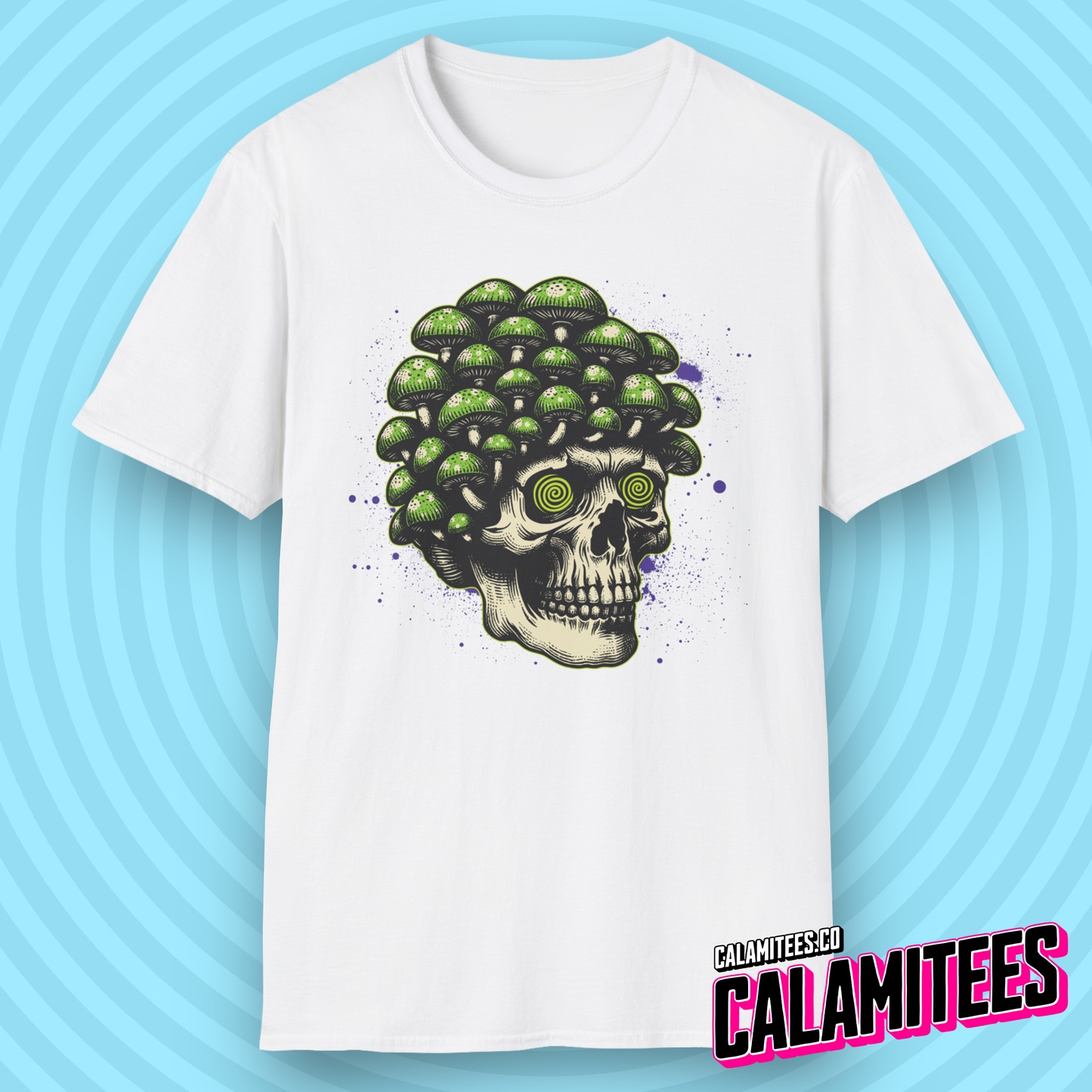 Trippy Skull Magic Mushroom Illustration Graphic Tee Tripping Psychedelic Art T-Shirt