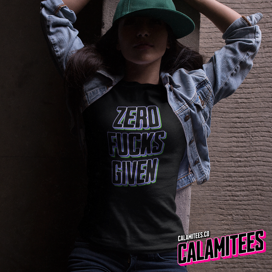 Cute Asian Woman Wearing a Zero Fucks Given Graphic T-Shirt from CalamiTees.co
