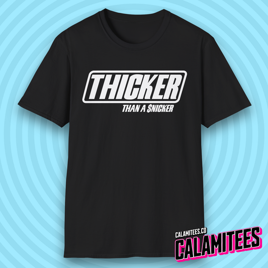 Thicker Than a Snicker Parody Logo Funny Joke T-Shirt