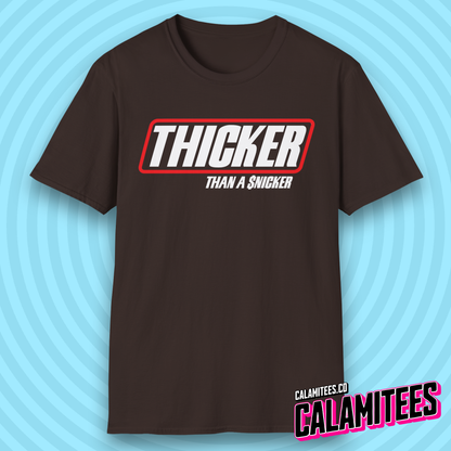 Thicker Than a Snicker Parody Logo Funny Joke T-Shirt
