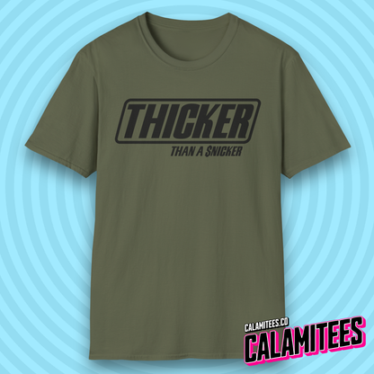 Thicker Than a Snicker Parody Logo Funny Joke T-Shirt
