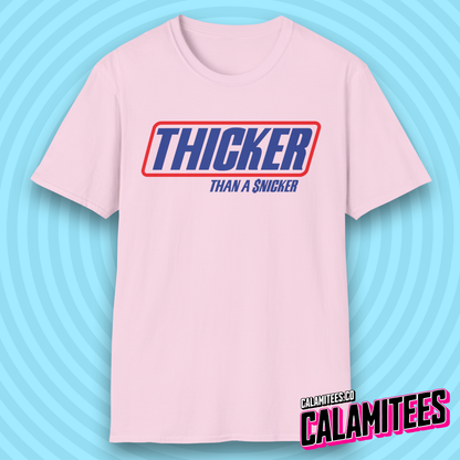 Thicker Than a Snicker Parody Logo Funny Joke T-Shirt