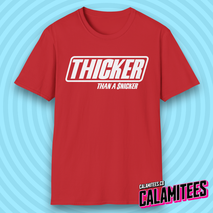 Thicker Than a Snicker Parody Logo Funny Joke T-Shirt