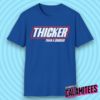 Thicker Than a Snicker Parody Logo Funny Joke T-Shirt