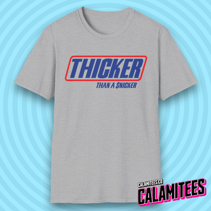 Thicker Than a Snicker Parody Logo Funny Joke T-Shirt