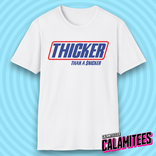 Thicker Than a Snicker Parody Logo Funny Joke T-Shirt