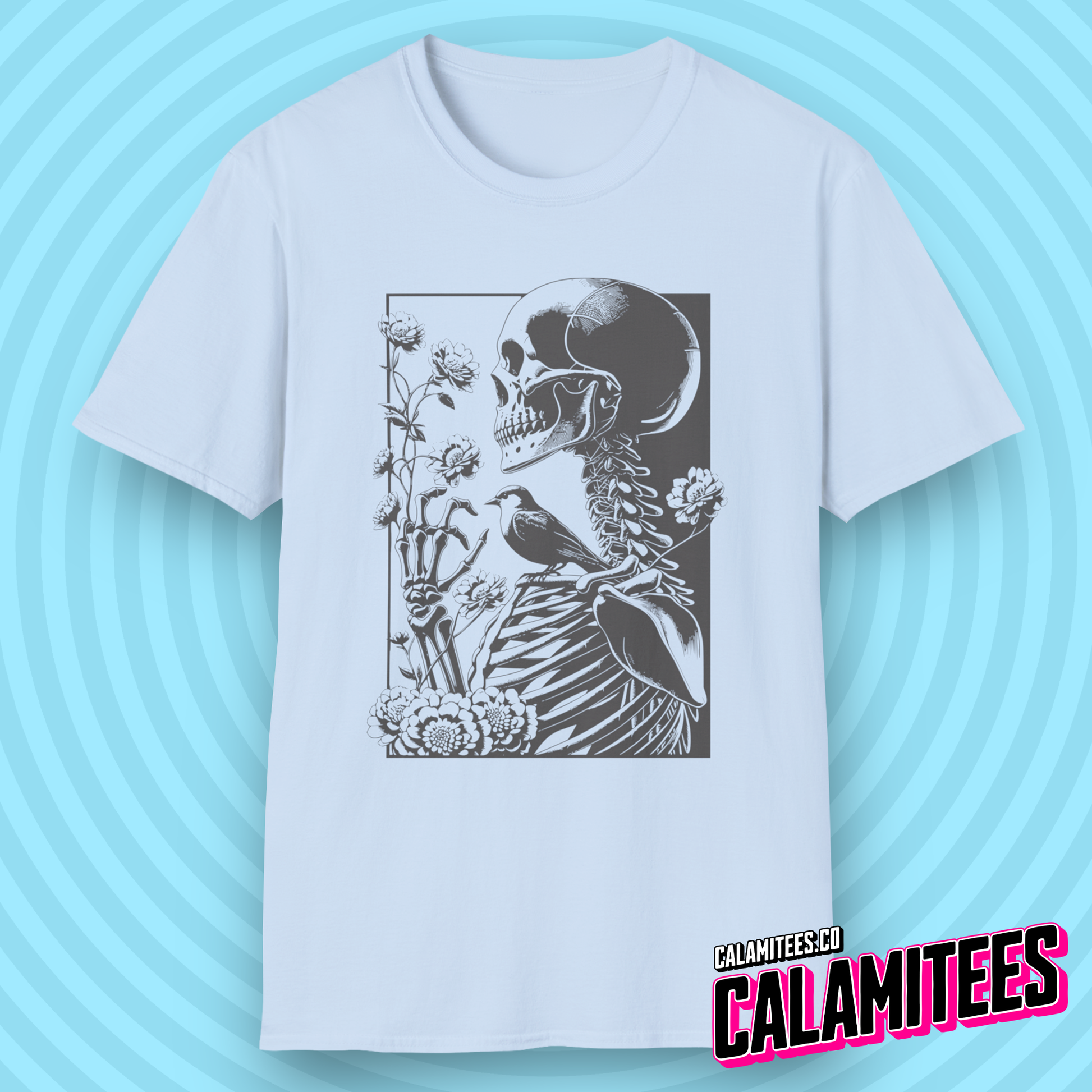 The Gardener - Skeleton With Wildflowers Floral Bird and Skull Illustration Graphic Tee T-Shirt