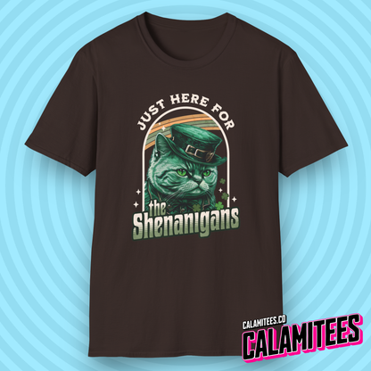 Just Here For The Shenanigans - Irish Leprechaun Cat T-Shirt