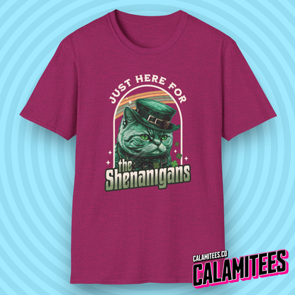 Just Here For The Shenanigans - Irish Leprechaun Cat T-Shirt