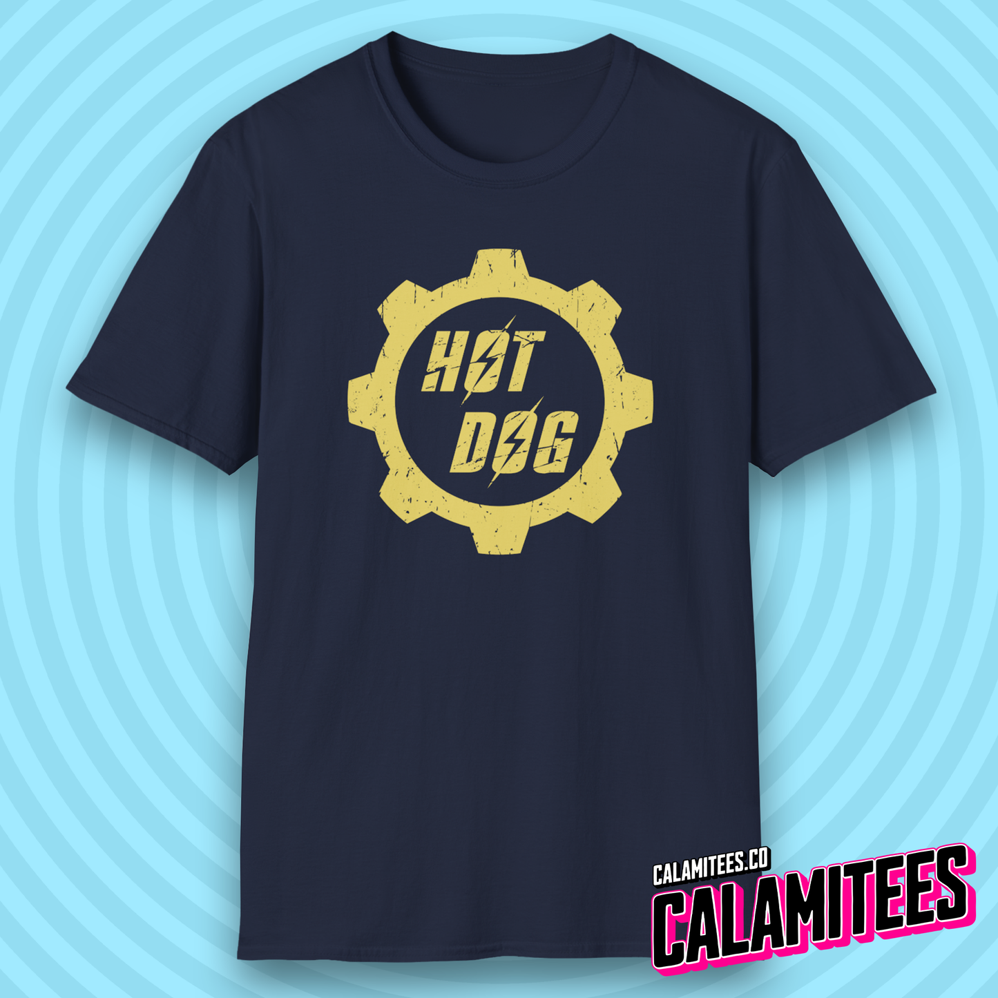 Hot Dog Distressed Fallout Style Logo Graphic T-Shirt