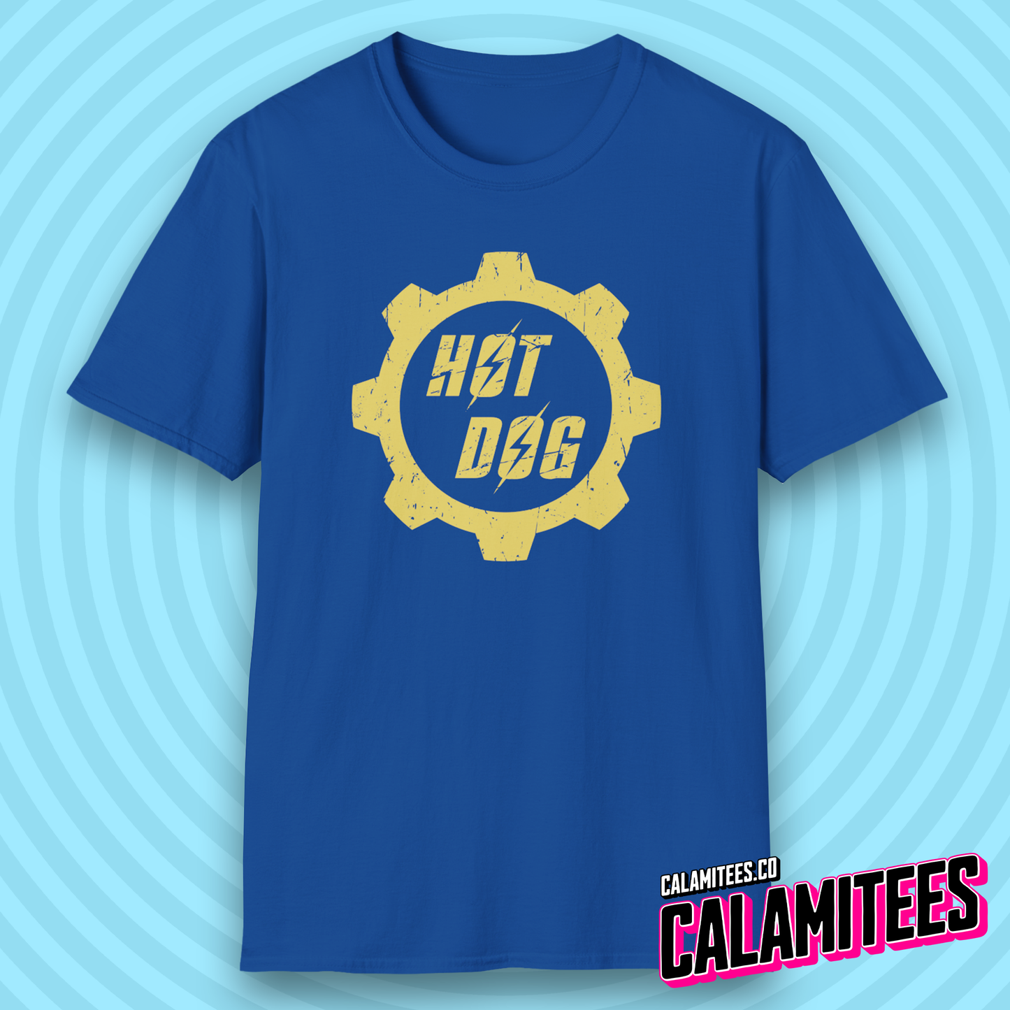 Hot Dog Distressed Fallout Style Logo Graphic T-Shirt