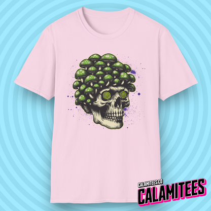 Trippy Magic Mushroom Skull with Hypnotized Eyes Tripping Psychedelic Graphic Tee Heady Design LSD Psilocybin Pop Culture T-Shirt