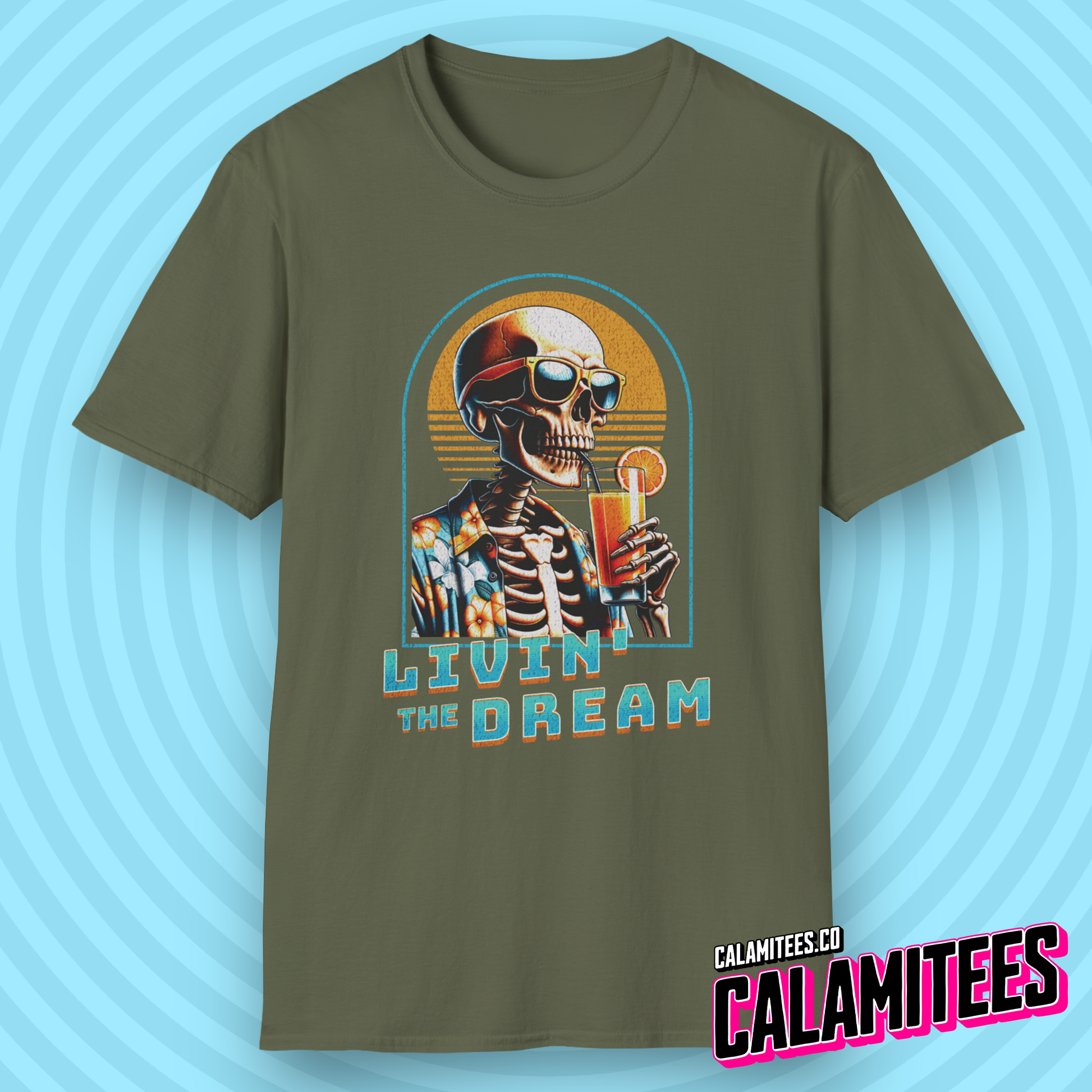 Livin' The Dream Tropical Skeleton in Hawaiian Shirt Illustration Graphic Tee Pop Culture Stylish Funny T-Shirt