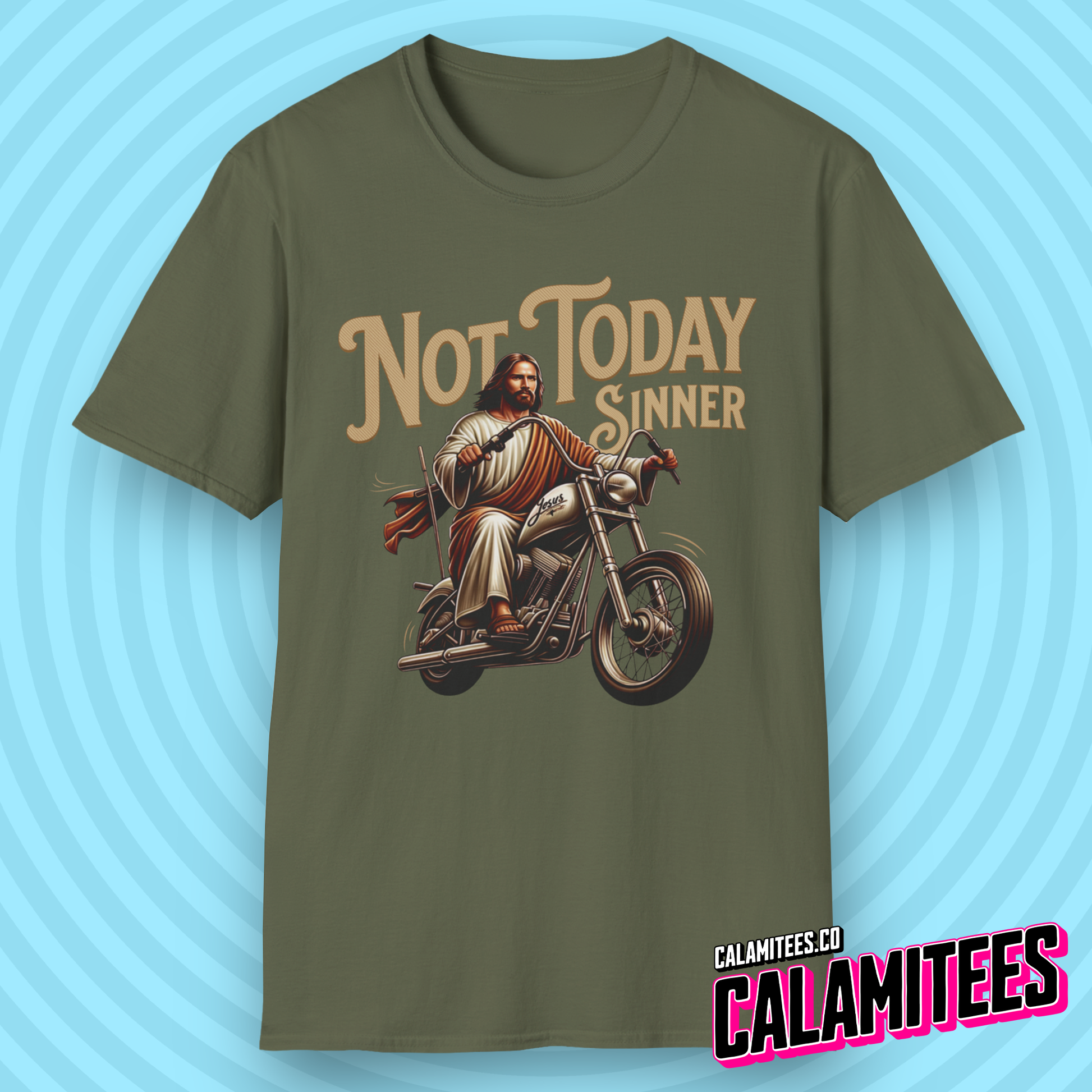 Cute Young Couple Wearing Return of The Mack and Not Today Sinner - Cool Jesus Riding a Chopper Motorcycle Parody Pop Culture Graphic Tee Funny T-Shirt