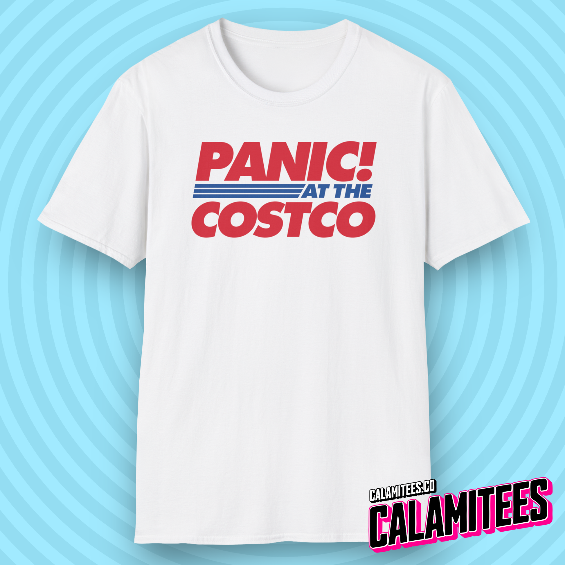 Panic At The Costco Funny Logo Graphic Tee Panic At The Disco Parody T-Shirt