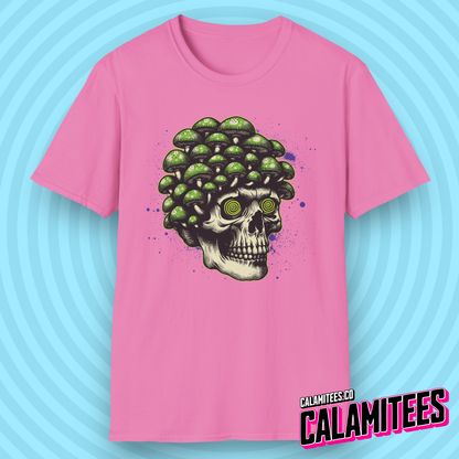 Trippy Magic Mushroom Skull with Hypnotized Eyes Tripping Psychedelic Graphic Tee Heady Design LSD Psilocybin Pop Culture T-Shirt