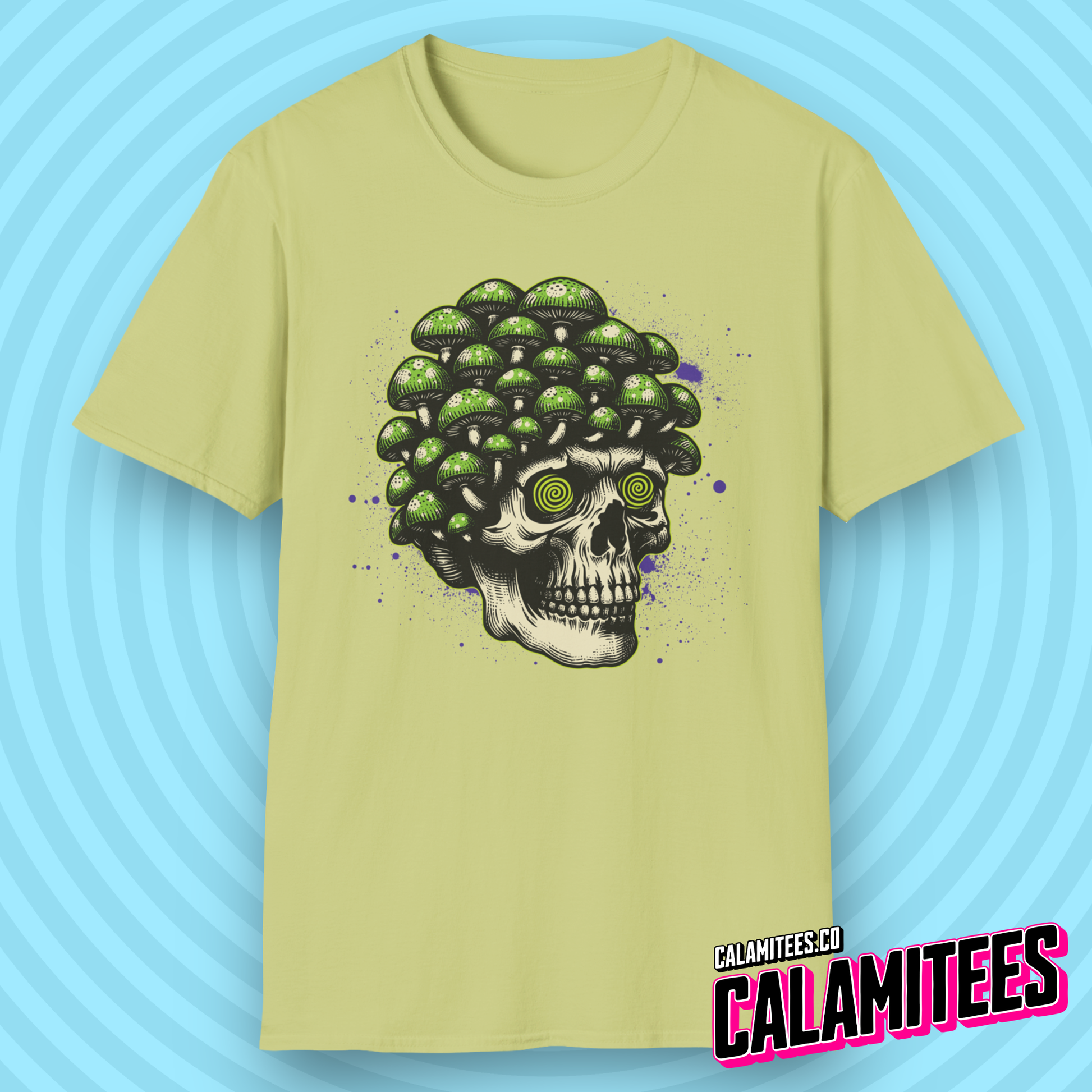 Trippy Magic Mushroom Skull with Hypnotized Eyes Tripping Psychedelic Graphic Tee Heady Design LSD Psilocybin Pop Culture T-Shirt