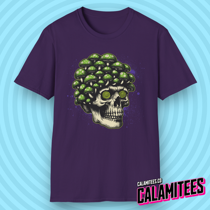 Trippy Magic Mushroom Skull with Hypnotized Eyes Tripping Psychedelic Graphic Tee Heady Design LSD Psilocybin Pop Culture T-Shirt